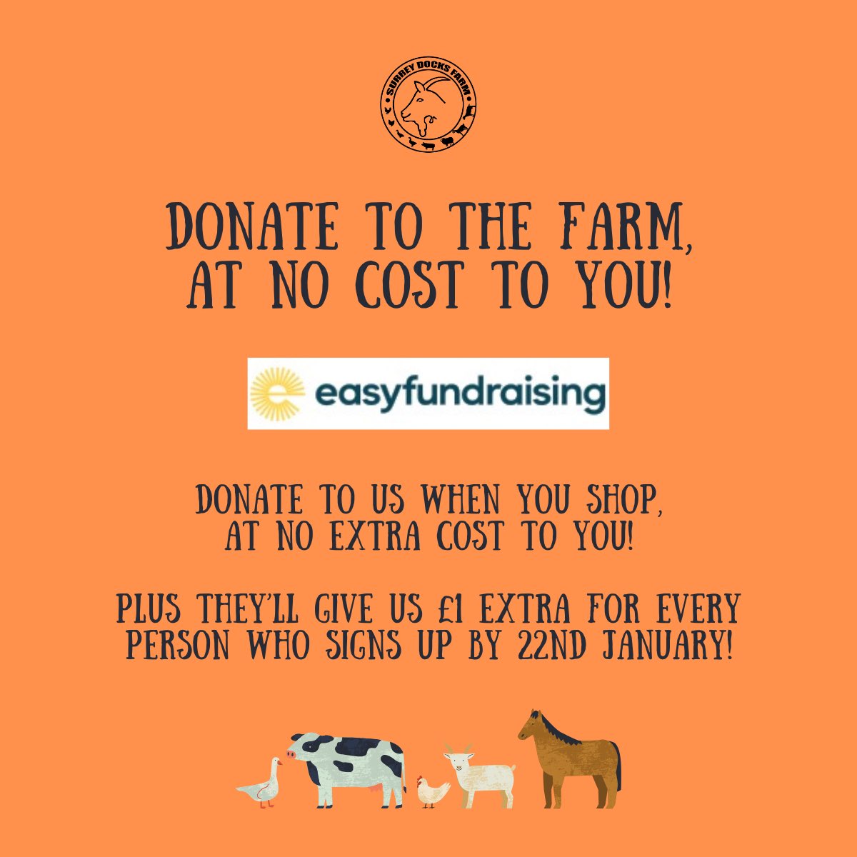 Donate when you shop, at no cost to you! Sign up via the link below to name Surrey Docks Farm as your cause and see how much you can raise, for free!
easyfundraising.org.uk/cause/surreydo…