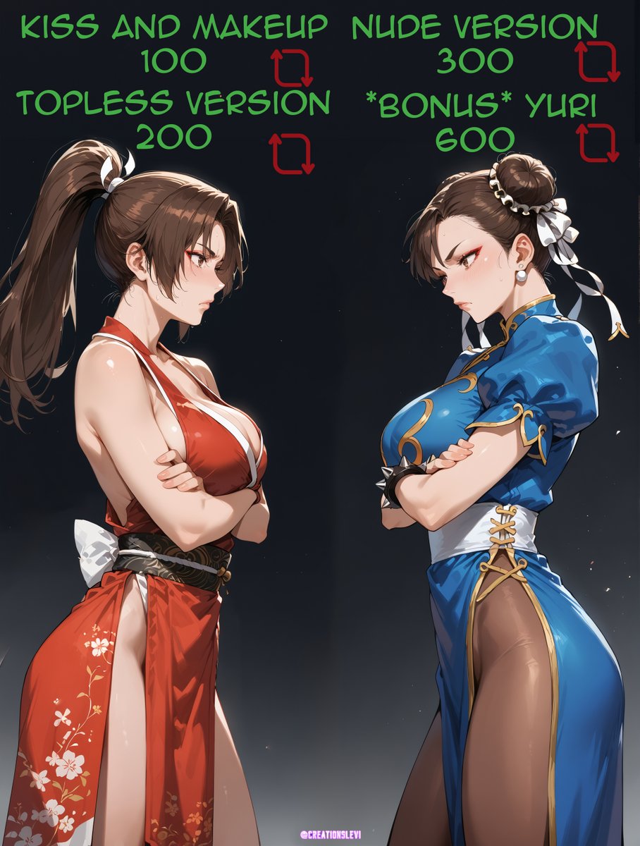 They're supposed to be fighting. I wonder why the hesitation, are Mai Shiranui and Chun-li embarrassed? :0 Mebe you can help them figure out what they wanna do!