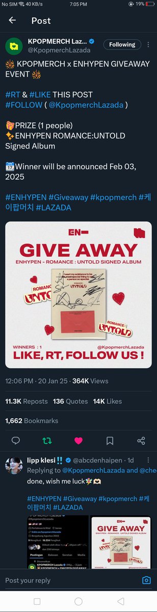 NGnsENha's tweet photo. @KpopmerchLazada I hope.. Wish me luck🍀✨

#ENHYPEN #Giveaway #kpopmerch #케이팝머치 #LAZADA https://t.co/9kSF0r4rYk