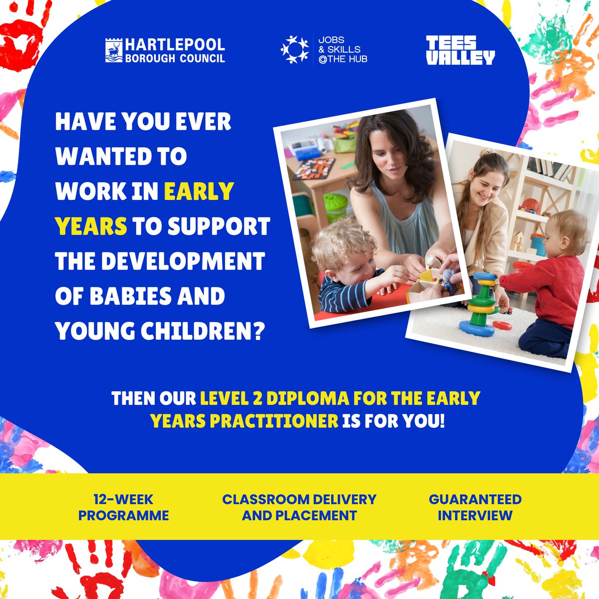 HartlepoolJS's tweet image. Always wanted to work in an Early Years setting but unsure where to start? 🌟

Starting March 2025, this 12-week intensive programme combines classroom learning with hands-on placement experience! 

📩 Contact alexandra.graham@hartlepool.gov.uk or pop into Community Hub Central.