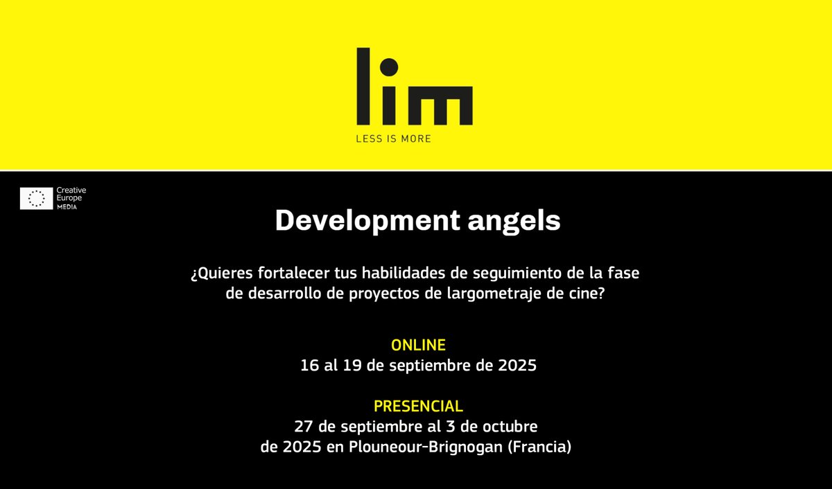 OficinaMEDIAEs's tweet photo. LIM - Less is More presenta una nueva edición de #DevelopmentAngels.
¿Quieres fortalecer tus habilidades de seguimiento de la fase de desarrollo de proyectos de largometraje de cine?
Fecha límite: 23 de febrero de 2025.
Más info > https://t.co/3pFTXEfZ05 https://t.co/SMDcQjVo6H