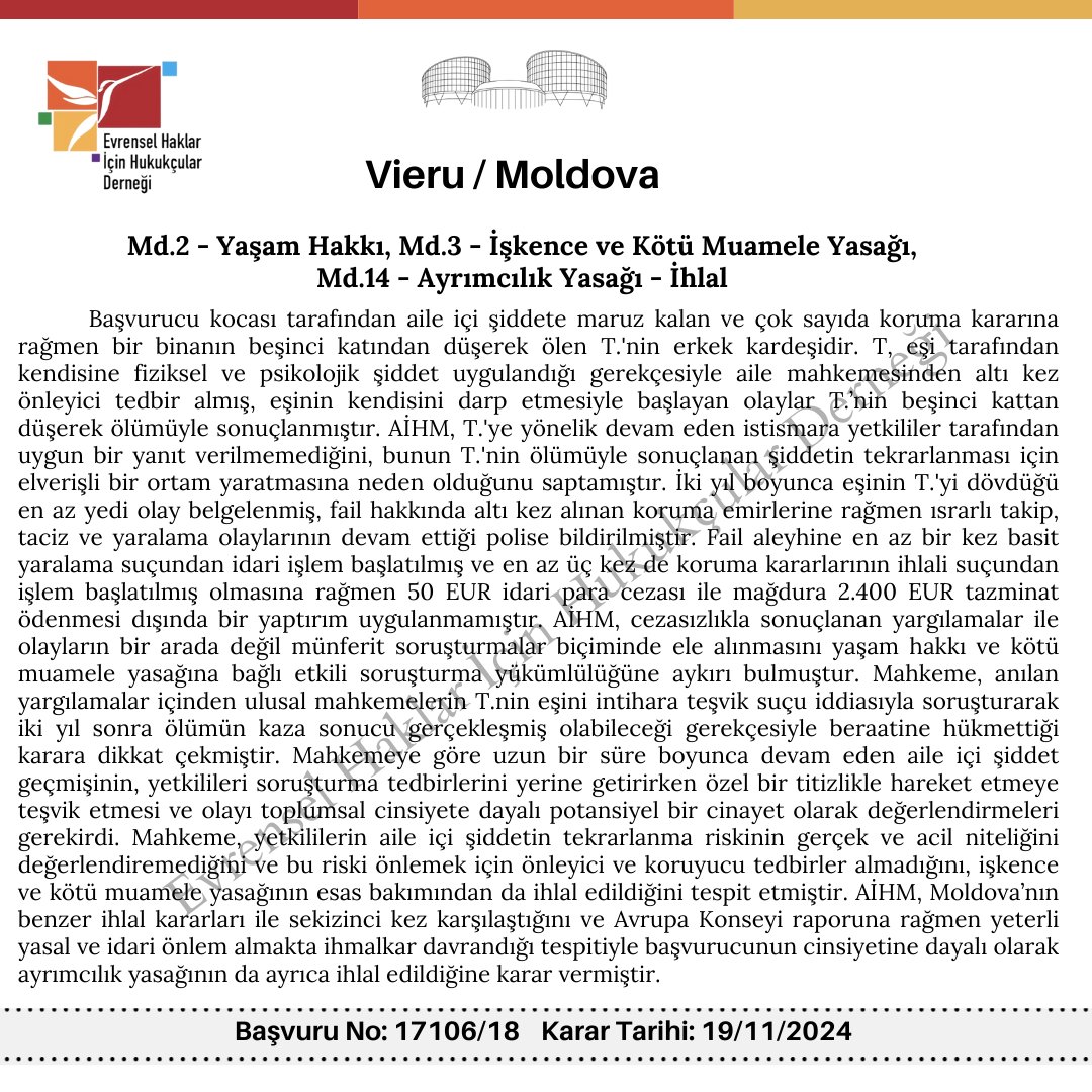 evrensel_haklar's tweet photo. Avrupa İnsan Hakları Mahkemesi’nin, Kasım ayında Daire ve Büyük Daire formasyonunda esasa ilişkin verdiği kararlardan 17'sini yüksek ve orta öneme sahip karar olarak tasnif etti. EHHD olarak bu kararlar hakkında Türkçe bilgi notları hazırladık. İyi okumalar dileriz. #humanrights https://t.co/6OqWX1SehQ