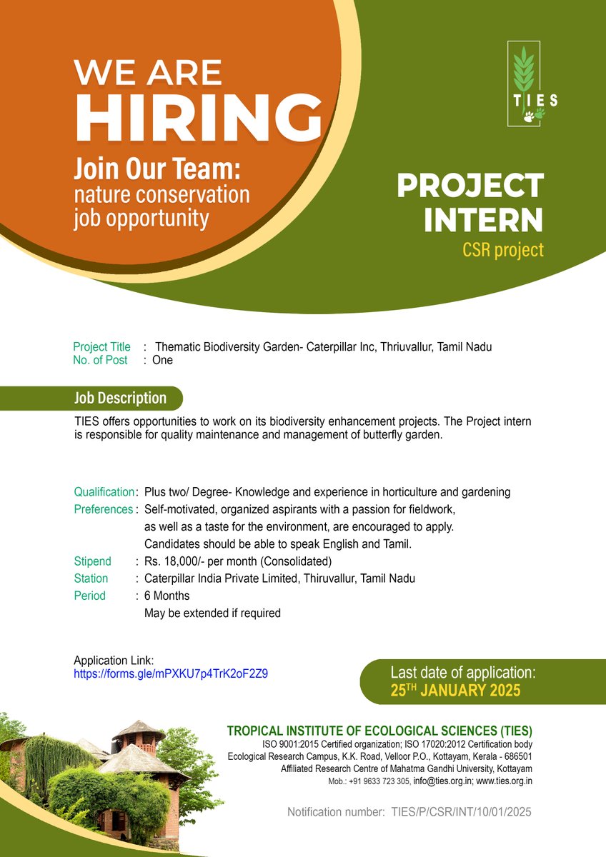 InstituteTies's tweet image. *Project Intern Vacancy at TIES*

Apply now: forms.gle/mPXKU7p4TrK2oF…

#TIESinstitute #career #projectintern #job #csrproject #kerala #chennai #caterpillarinc #thematicgarden #vacancy #kerala #kottayam #butterflygarden #project