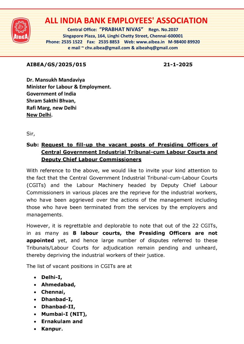 ChVenkatachalam's tweet photo. Letter to @mansukhmandviya
Minister for Labour and Employment: Request to fill-up the vacant posts of Presiding Officers of Central Government Industrial Tribunal-cum Labour Courts and Deputy Chief Labour Commissioners

@DFS_India 
@nsitharamanoffc
@nsitharaman https://t.co/42L4eqzgmR