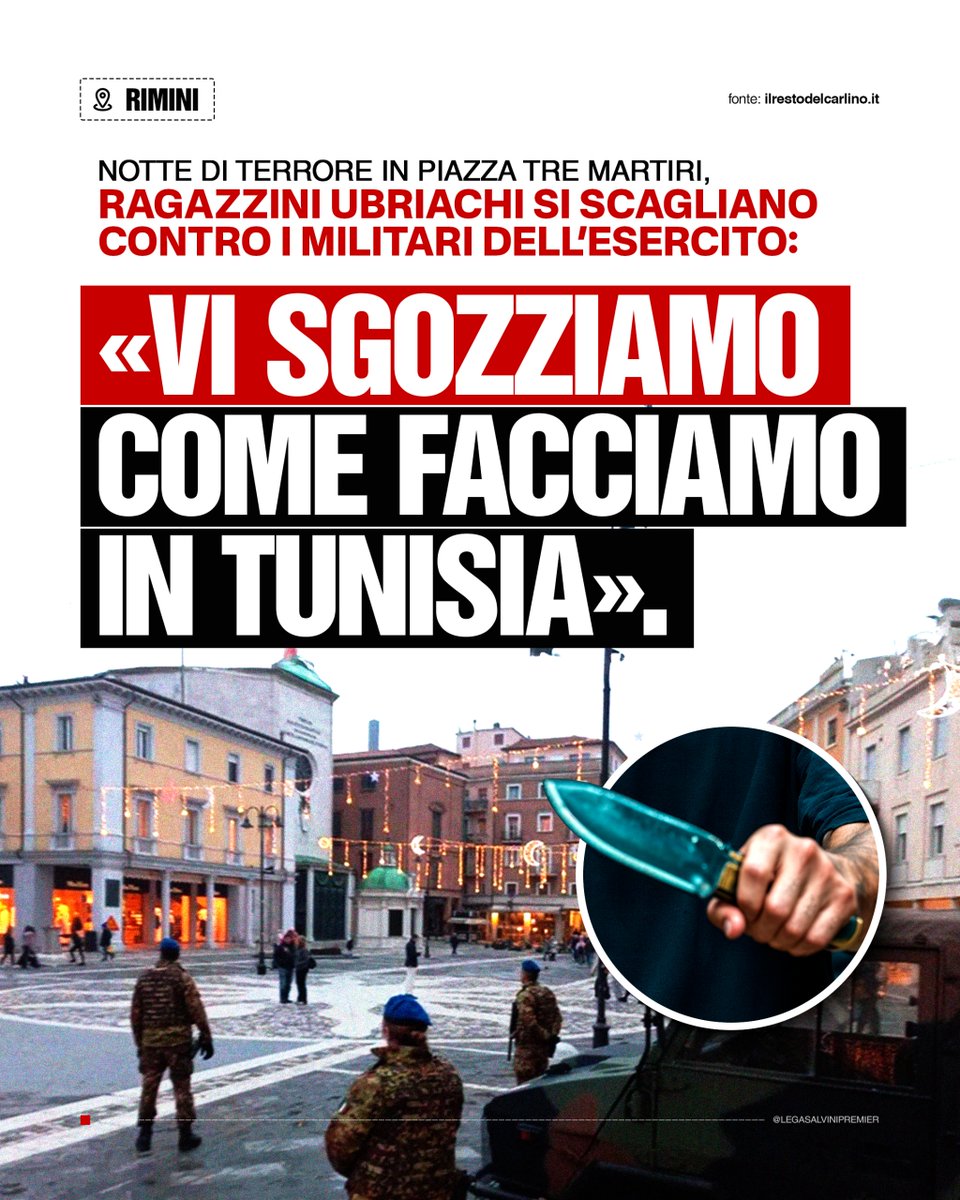 Bello schifo!
⚠️ A Rimini, i militari in servizio nell’ambito dell’operazione “Strade sicure” mettono fine a una rissa tra ragazzi sotto effetto di droga e alcol, ma alcuni di loro minacciano di morte gli agenti (“vi sgozzo tutti come facciamo in Tunisia”), provando addirittura a