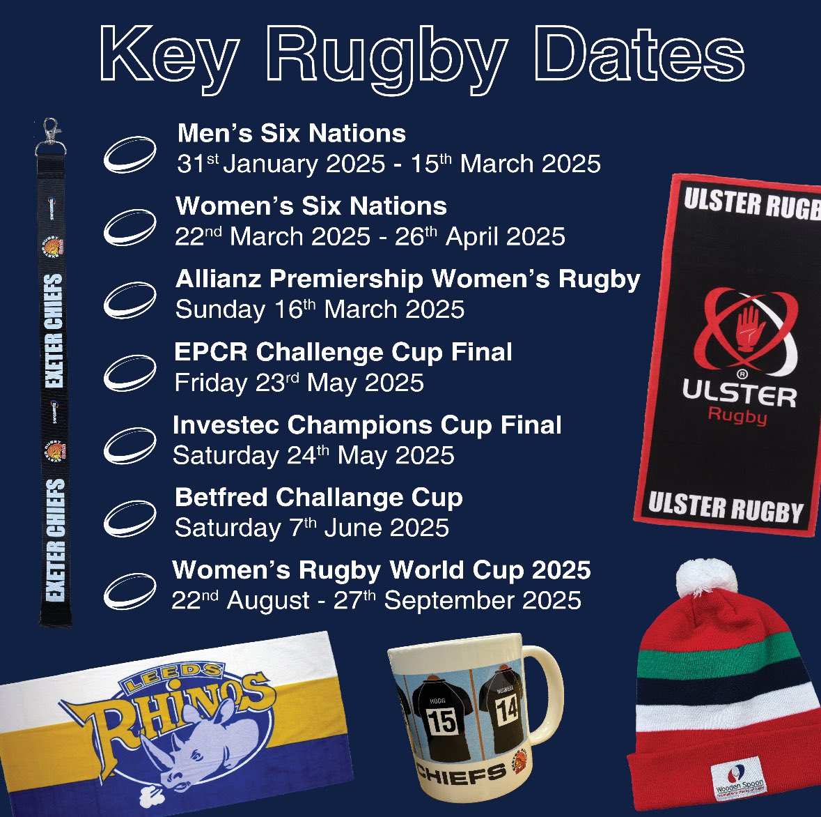 Get your Rugby game on and stay ahead of the action in 2025 with these key rugby dates! 🏟️ 

Whether you’re preparing for the pitch or looking to offer something unique to your clients, we have you covered with a range of high quality products! 🏉