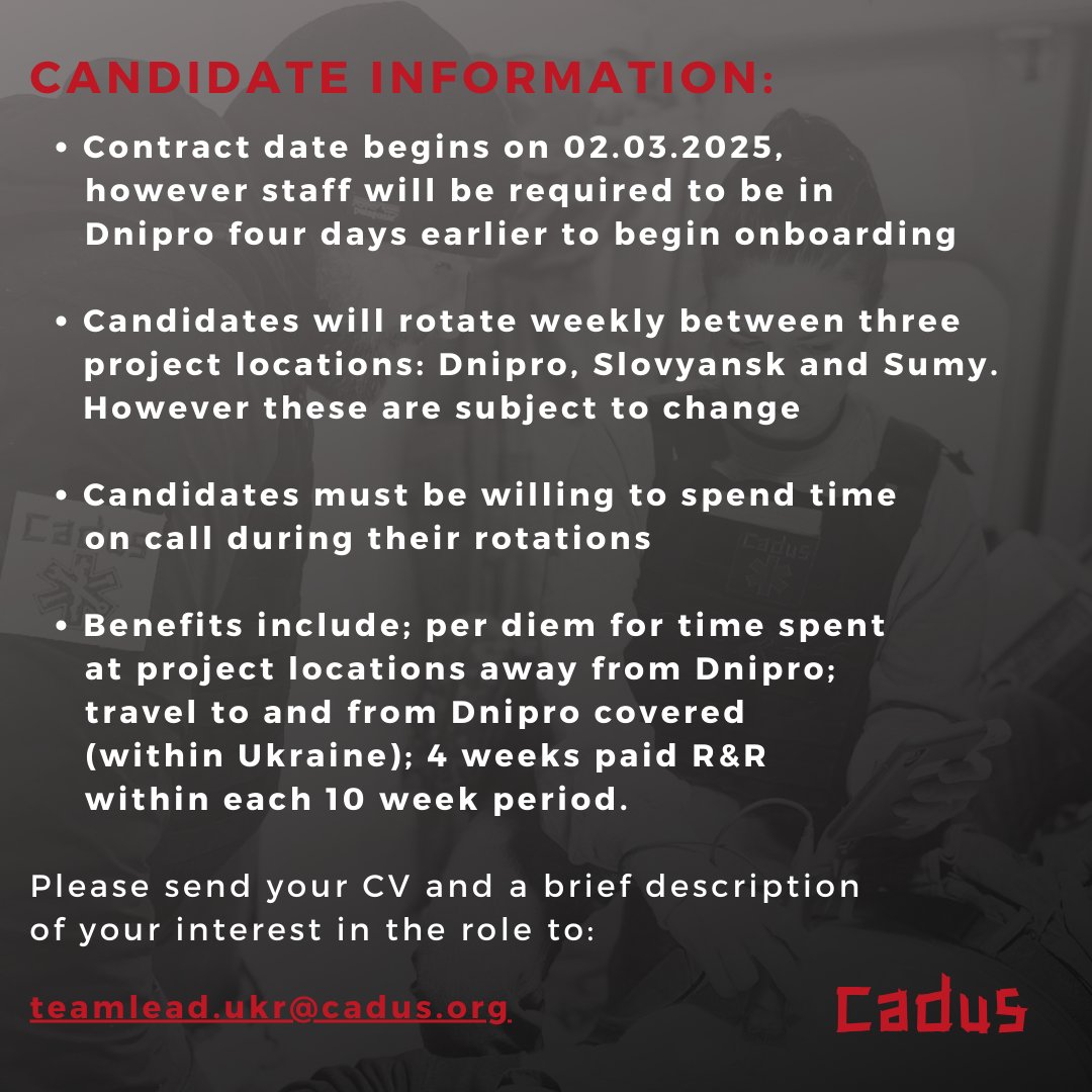 We’re Hiring: Local Doctor for CADUS MedEvac Programme in East Ukraine 
Join our MedEvac team to provide critical care in challenging yet rewarding environments.

Send your availability and CV to:
teamlead.ukr@cadus.org