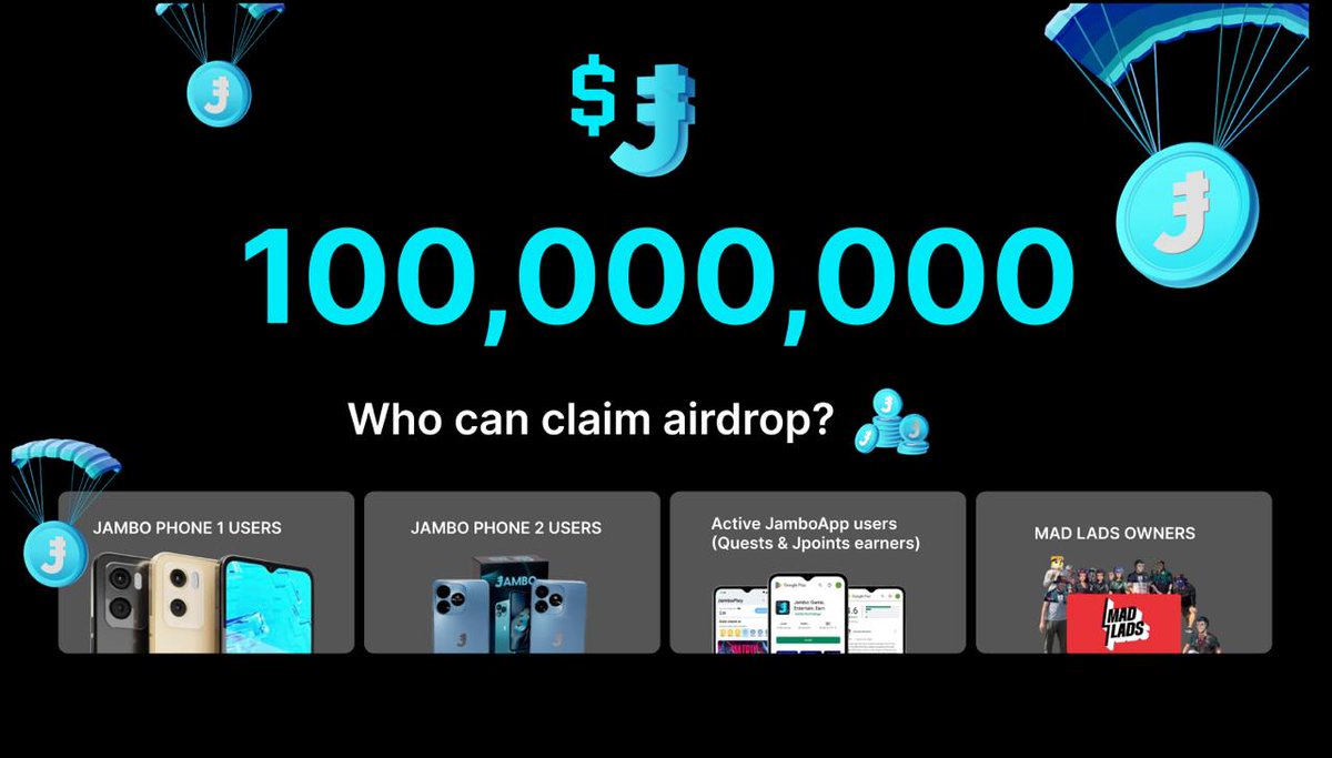 100,000,000 of $J supply (10% of max) will be allocated to core users and  @Solana community members: ✓JamboPhone 1 users ✓JamboPhone 2 users ✓Active  JamboApp users (Quests & Jpoints earners) ✓Mad Lads