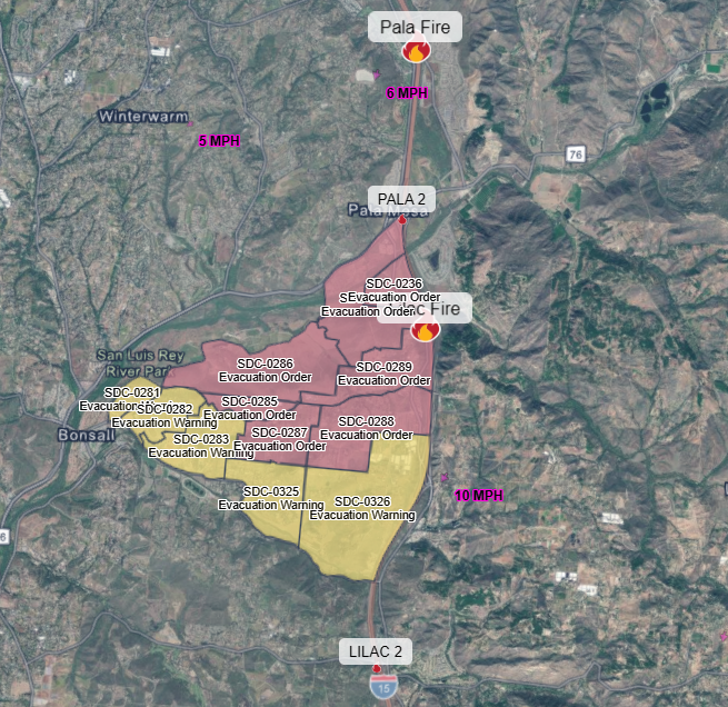 geotechwar's tweet photo. Riverview [update] Firefighters are making good progress on the fire. The forward rate of spread has been stopped. 

The EVACUATION ORDER (areas in red) has been expanded for the Lilac Fire. https://t.co/QD6xvS0N6c