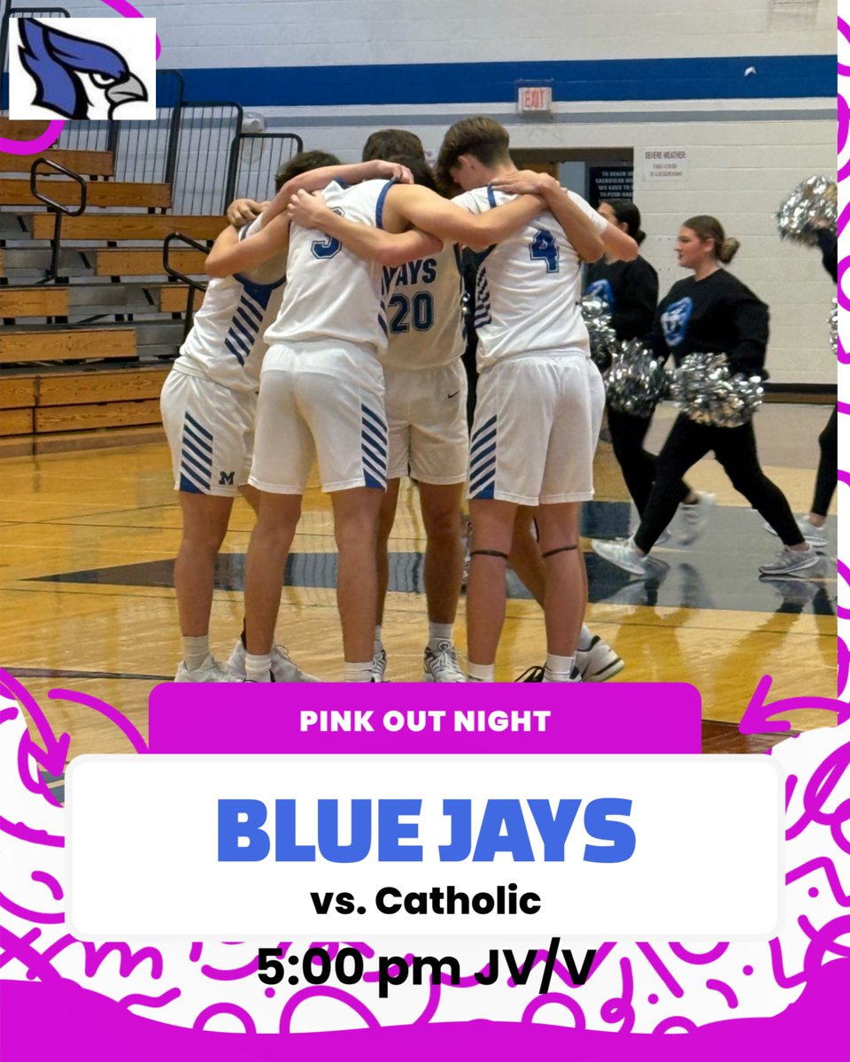Wear your Pink and come support the Blue Jays as they host Springfield Catholic tonight. JV tips off at 5:00 pm with Varsity following. Donations will be collected for a local family dealing with Cancer. #bluejaypride