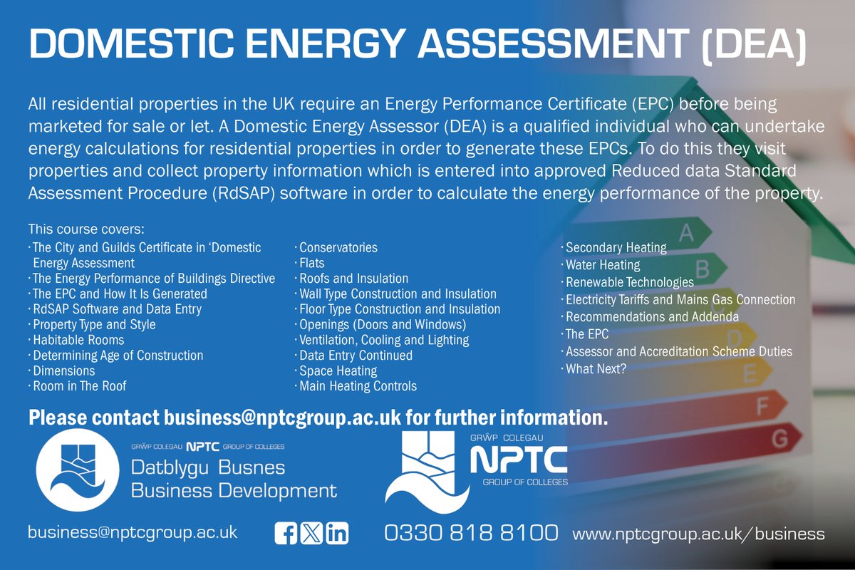 Spaces Available!

We are running a Domestic Energy Assessment (DEA) course on 26/02/25. Full #Funding is available, subject to eligibility!

Find out more: bit.ly/NPTC_DEA
Funding: bit.ly/Funding-Opport…

#domestic #energy #assessor #DEA #sustainability