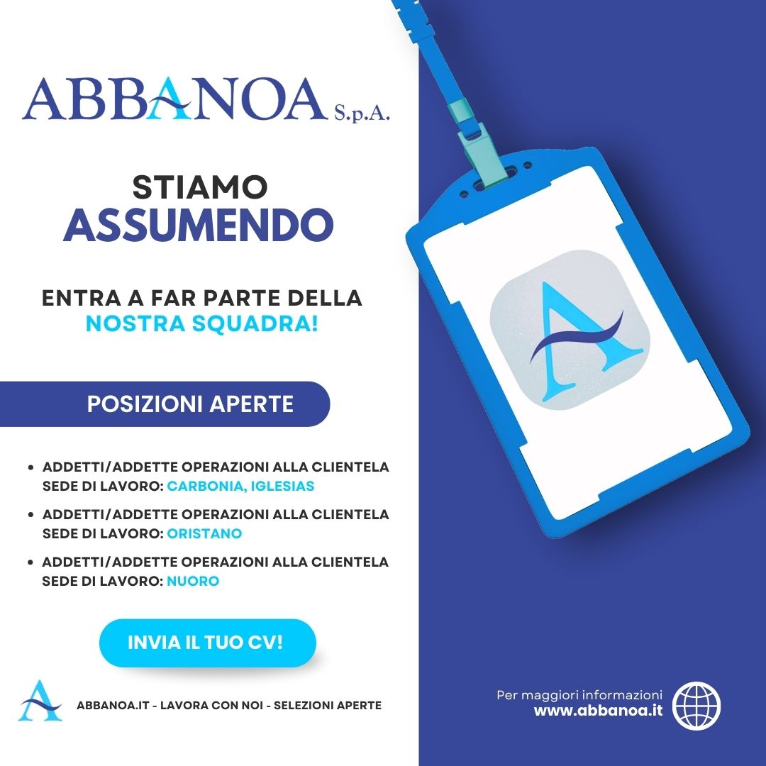Abbanoa's tweet image. #Abbanoa #assume e potenzia i servizi alla clientela. Sono stati pubblicati tre avvisi di selezione per 8 addetti per alcuni sportelli territoriali: 3 per la sede di #Nuoro, due per quella di #Oristano e tre per le sedi di #Carbonia e #Iglesias. Candidature entro il 2 febbraio