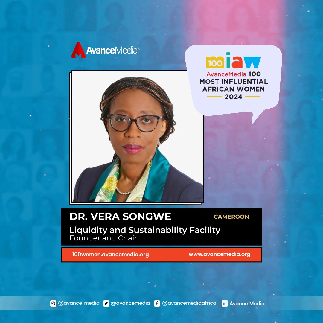 Avance Media Africa (@avancemedia) on Twitter photo Avance Media's 2024 100 Most Influential African Women
Dr. Vera Songwe, Founder & Chair of Liquidity and Sustainability Facility
cc: <a href="/SongweVera/">Dr. Vera Songwe</a>
<a href="/The_LSFacility/">The Liquidity & Sustainability Facility (LSF)</a>
100women.avancemedia.org
#100MAW2024 #AfricanWomen #AvanceMedia Avance Media's 2024 100 Most Influential African Women
Dr. Vera Songwe, Founder & Chair of Liquidity and Sustainability Facility
cc: <a href="/SongweVera/">Dr. Vera Songwe</a>
<a href="/The_LSFacility/">The Liquidity & Sustainability Facility (LSF)</a>
100women.avancemedia.org
#100MAW2024 #AfricanWomen #AvanceMedia