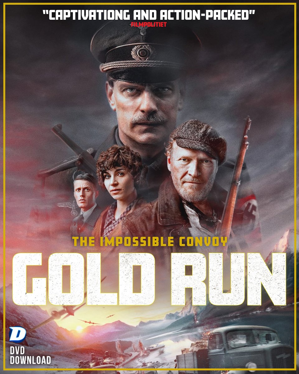 DazzlerMedia's tweet photo. Strap in for an epic adventure in Gold Run, arriving on DVD &amp; Download next week! 🇬🇧💿

This is the incredible true story of how 55 tonnes of gold was transported by an likely group of resistance fighters in WWII! 💥

Pre-order #GoldRun: https://t.co/fuJdUAuw2i https://t.co/LfLNMcvvG2