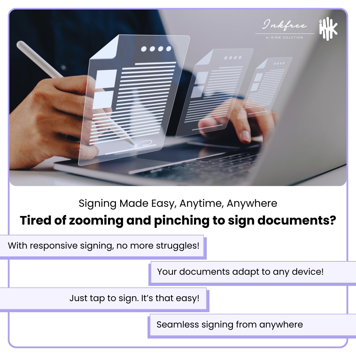 InkFreeEsign's tweet photo. Signing made easy, no matter where you are! 🌍✨ With our responsive signing feature, your documents adjust perfectly to any device. Just tap to sign and experience seamless signing with Inkfree!

#signingmadeeasy #digitalsignature #easysigning #inkfree #securedocuments https://t.co/cekv0k7O2D