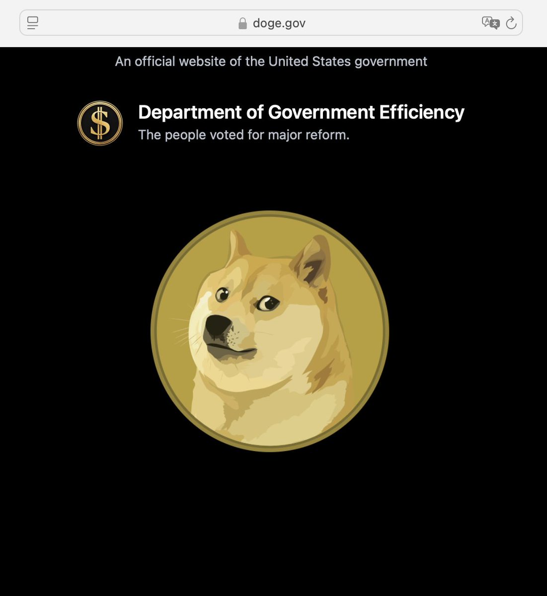 Le site du département @DOGE vient d'être mis en ligne Et il reprend le  logo du Dogecoin Le truc prend 10% dans la minute Encore 4 ans à tirer  Grosse fatigue, image size:1101x1200