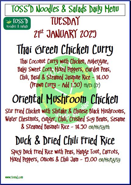 TOSSD's tweet photo. TUESDAY: 21/01/2025
CALL & COLLECT - Call 018291607
.
.
.
#tossd #lunchdublin #noodles #ramen #lunch #chqdublin #lovindublin #restaurants #food #LunchTime #eat #fresh #thaifood #vegetarian #vegan #lunchbreak #lunchspecial #lunchmenu #asianeats #asianfood #thai #dublinfoodie https://t.co/BXvRzJhudV