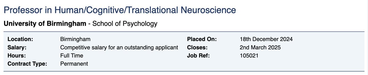 Arkady Konovalov (@arkadykonovalov) on Twitter photo Full (chair) professor position in Human Neuroscience at <a href="/UoB_SoP/">School of Psychology, University of Birmingham</a> and <a href="/TheCHBH/">The Centre for Human Brain Health</a>, application deadline March 2nd - please spread the word! Full (chair) professor position in Human Neuroscience at <a href="/UoB_SoP/">School of Psychology, University of Birmingham</a> and <a href="/TheCHBH/">The Centre for Human Brain Health</a>, application deadline March 2nd - please spread the word!