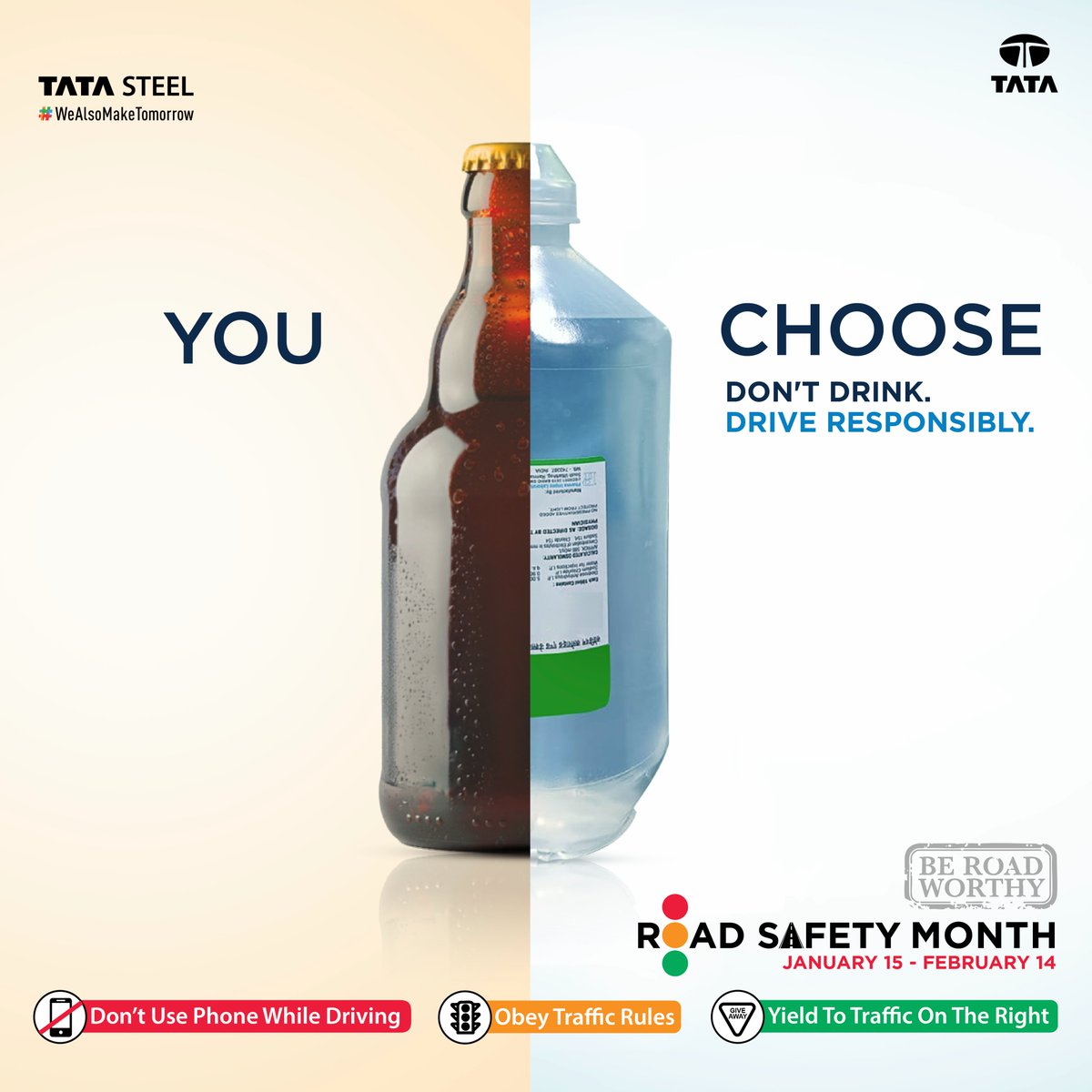 TataSteelLtd's tweet photo. Don’t let the bottle steer your life off track! Every decision on the road reflects our responsibility toward our own lives and the lives of others. As we observe Road Safety Month, let's understand the importance of staying safe on the road and urge everyone to make the right choice.

#TataSteel #WeAlsoMakeTomorrow #RoadSafety