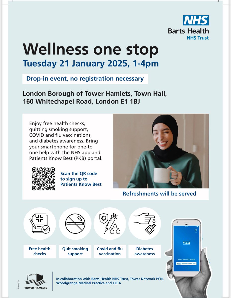 LDN Vaccine Equity (@ldnvaccinequity) on Twitter photo Wellness one stop
Today 21 Jan 1-4pm
Tower Hamlets Town Hall
160 Whitechapel Road, London E1 1BJ
✅Free Health Checks
✅Stop Smoking Support
✅Diabetes Awareness
✅ COVID-19 and Flu Vaccinations
✅NHS APP Help
<a href="/TowerHamletsNow/">Tower Hamlets Council</a> <a href="/NHSBartsHealth/">Barts Health</a> <a href="/Woodgrange40/">Woodgrange Medical Practice</a> TowerNetworkPCN Wellness one stop
Today 21 Jan 1-4pm
Tower Hamlets Town Hall
160 Whitechapel Road, London E1 1BJ
✅Free Health Checks
✅Stop Smoking Support
✅Diabetes Awareness
✅ COVID-19 and Flu Vaccinations
✅NHS APP Help
<a href="/TowerHamletsNow/">Tower Hamlets Council</a> <a href="/NHSBartsHealth/">Barts Health</a> <a href="/Woodgrange40/">Woodgrange Medical Practice</a> TowerNetworkPCN