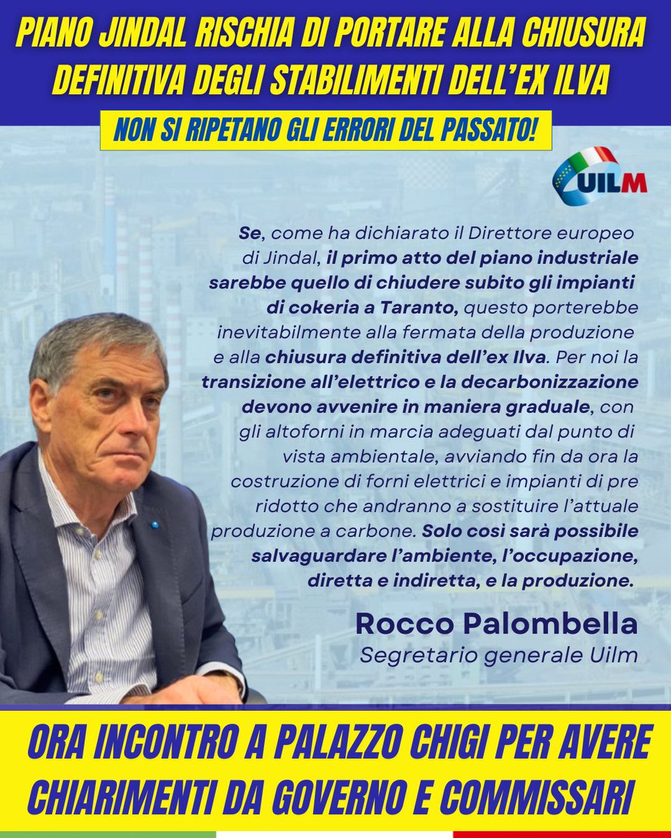 UilmNazionale's tweet image. #ExIlva #AcciaierieItalia

“Le gravi dichiarazioni del Direttore europeo di #Jindal stanno creando forti preoccupazioni. Non ci sono garanzie occupazionali per tutti i lavoratori e sul futuro produttivo degli stabilimenti. Non si ripetano errori del passato” @RoccoPalombella