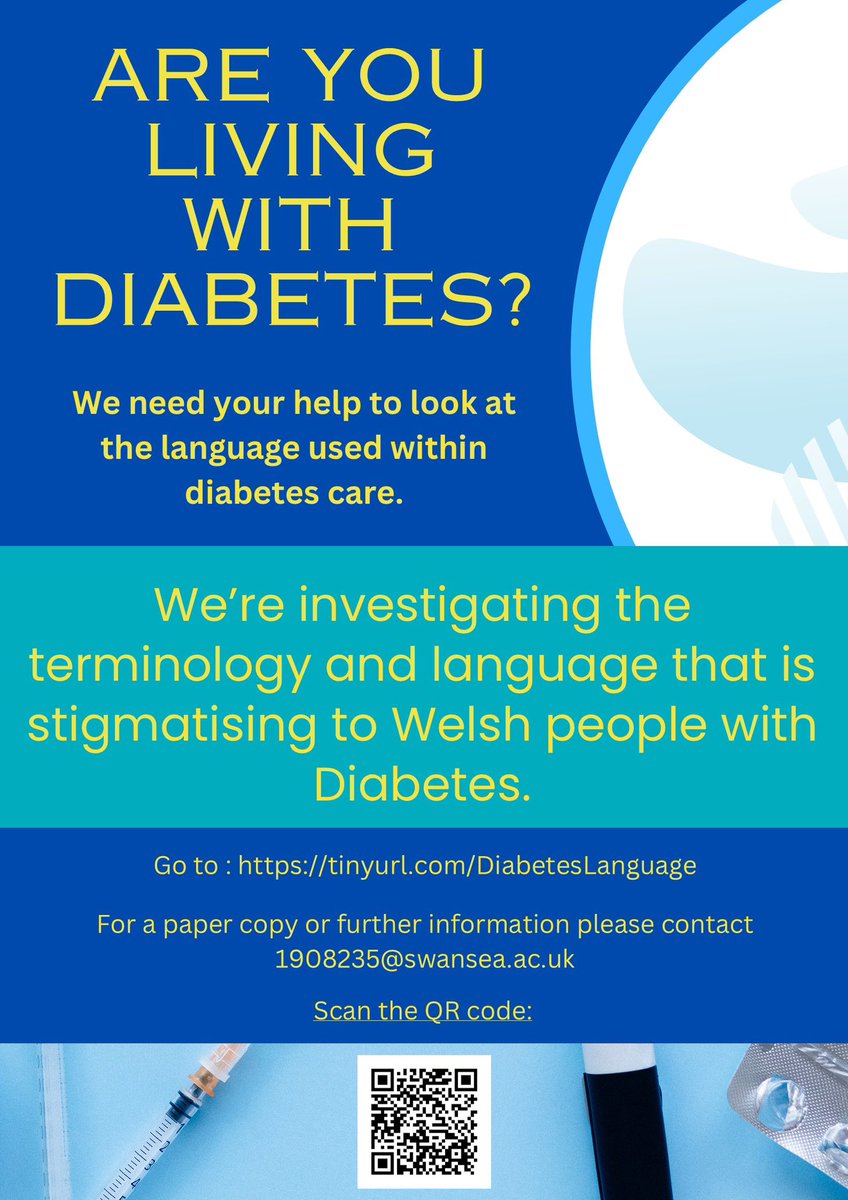 Dr. Rebecca Thomas (@beckylt09) on Twitter photo 🚨Ydych chi’n Byw Gyda Diabetes?
Ein hastudiaeth erchwilio’r iaith a’r derminoleg sy’n stigmateiddio i bobl Cymru sydd a Diabetes, yn ogystal a deall a yw derbyn gofal yn Gymraeg yn bwysig i siaradwyr Cymraeg
tinyurl.com/DiabetesLangua…
<a href="/SwanseaUni/">Swansea University</a> 🚨Ydych chi’n Byw Gyda Diabetes?
Ein hastudiaeth erchwilio’r iaith a’r derminoleg sy’n stigmateiddio i bobl Cymru sydd a Diabetes, yn ogystal a deall a yw derbyn gofal yn Gymraeg yn bwysig i siaradwyr Cymraeg
tinyurl.com/DiabetesLangua…
<a href="/SwanseaUni/">Swansea University</a>