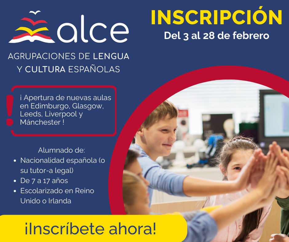 Consejería de Educación Reino Unido e Irlanda (@consejeriauk) on Twitter photo 🌟 ¿Eres español y vives en Reino Unido o Irlanda?
📚 ¡El programa ALCE abre su inscripción en breve!
✔️ Clases semanales para niños/as (7-17 años)
✔️ Aprende y conserva la lengua y cultura españolas
🔗 Más información:
👉 educacionfpydeportes.gob.es/reinounido/alc… <a href="/alce_londres/">ALCE Londres</a> 🌟 ¿Eres español y vives en Reino Unido o Irlanda?
📚 ¡El programa ALCE abre su inscripción en breve!
✔️ Clases semanales para niños/as (7-17 años)
✔️ Aprende y conserva la lengua y cultura españolas
🔗 Más información:
👉 educacionfpydeportes.gob.es/reinounido/alc… <a href="/alce_londres/">ALCE Londres</a>