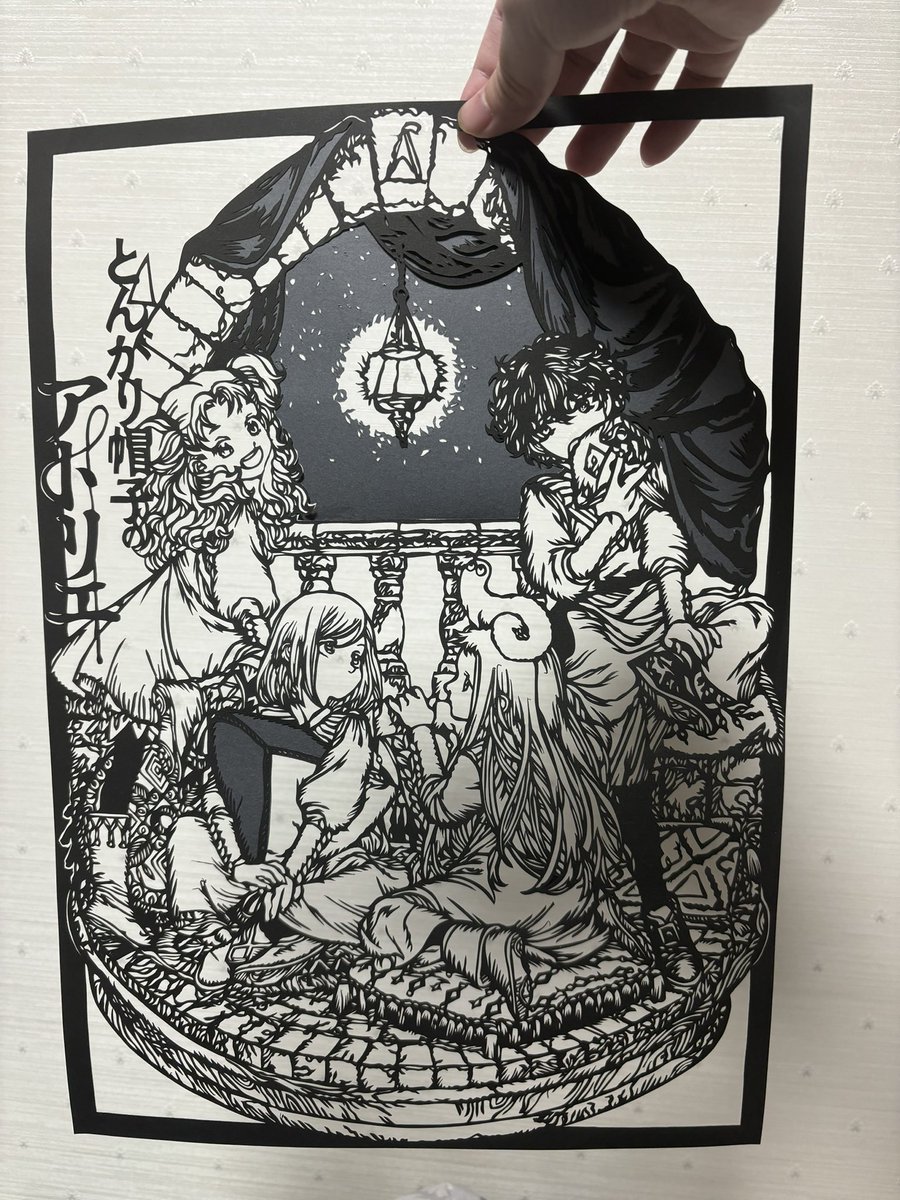 【82話扉絵(episode 82cover art】
とんがり帽子のアトリエより
第82話の扉絵を切り絵にしました♪

paper cutting of episode 82 cover art from the atelier of witch hat!

#切り絵 
#とんがり帽子のアトリエ 
#ココ #テティア #アガット
#リチェ　#Δ帽子　#扉絵
#witchhatatelier 
#papercut