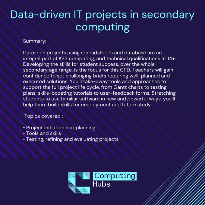 Teach Computing North Yorks (@comphubyorks) on Twitter photo 📢Calling teachers of #secondary #computing
Places available with our experienced PDL <a href="/DavidBatty/">David Batty</a> for a live remote session of "Data-driven IT projects in secondary computing"
📅27/01 👉bit.ly/4icna2G
📅28/02👉bit.ly/411NSVs
📅26/03👉bit.ly/3Zrdfi7 📢Calling teachers of #secondary #computing
Places available with our experienced PDL <a href="/DavidBatty/">David Batty</a> for a live remote session of "Data-driven IT projects in secondary computing"
📅27/01 👉bit.ly/4icna2G
📅28/02👉bit.ly/411NSVs
📅26/03👉bit.ly/3Zrdfi7