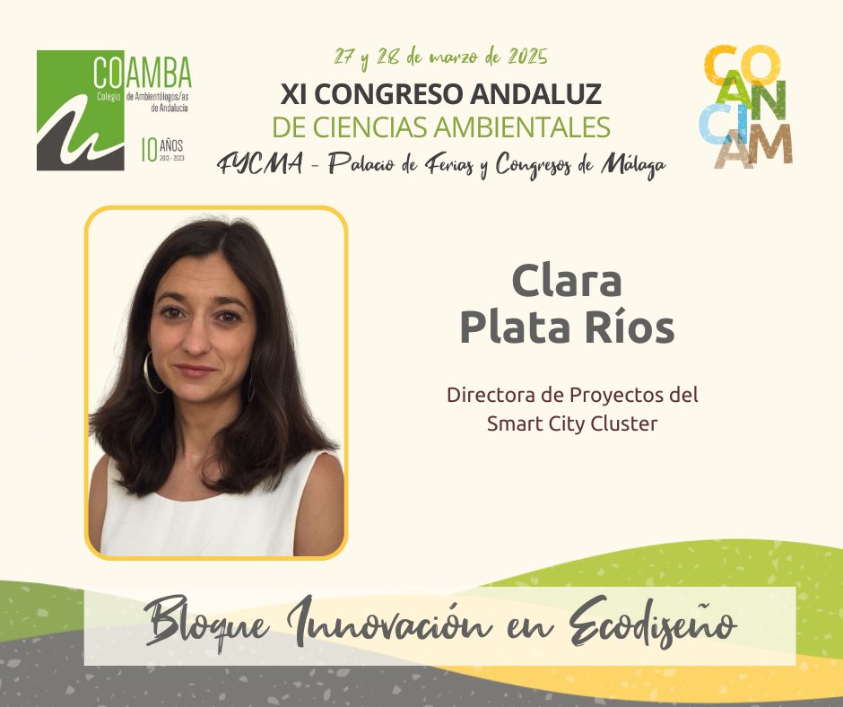 Nuestra siguiente colaboradora es una referente en innovación y eco diseño, nos complace presentar a Clara Plata Rios, Directora de Proyectos del <a href="/smartcityclust/">Smart City Cluster</a> 🌿

✨¡Aprovecha la oportunidad de escuchar a Clara Plata Rios , en #COANCIAM!🌱

🔗 coamba.es/coanciam/inscr…