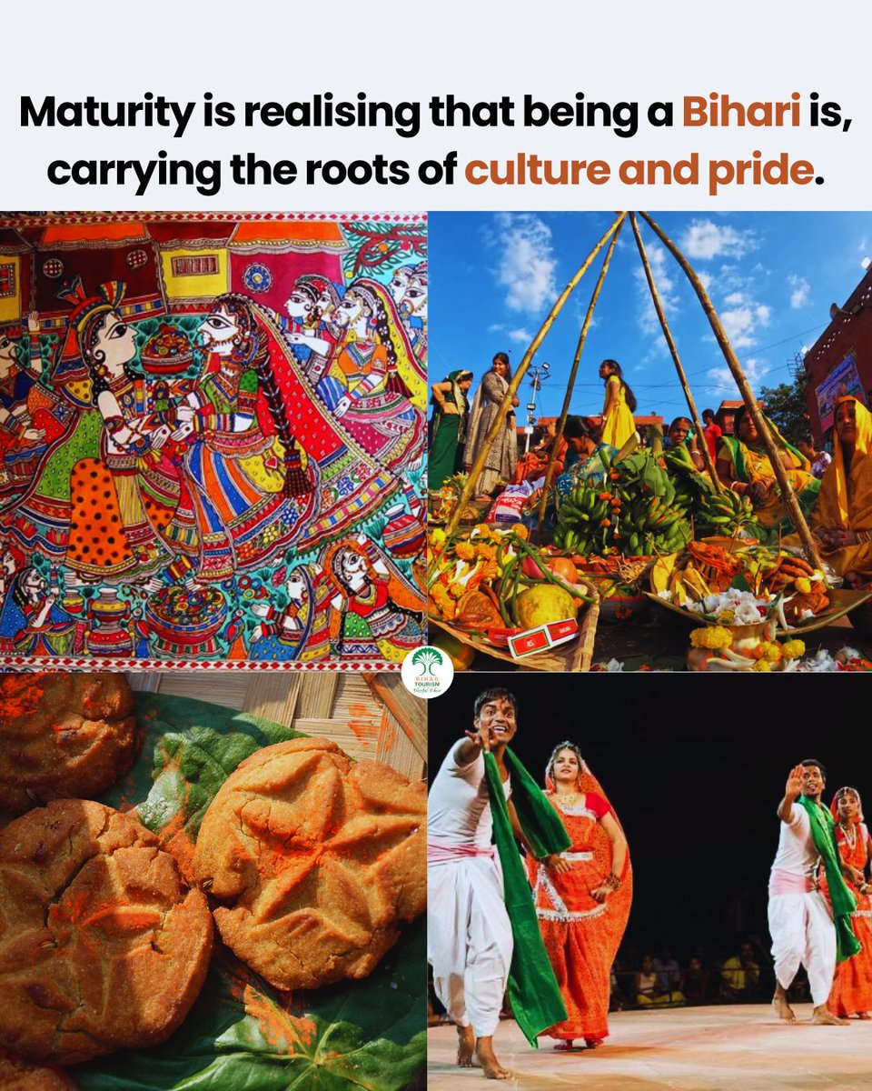 TourismBiharGov's tweet photo. From the vibrant Madhubani paintings to the rhythmic beats of folk dances, being a Bihari is an enriching experience. It's about embracing our heritage and celebrating the unique culture that makes us who we are.

#bihar #culture  #ExploreLove #mithila #madhubani #chath #folk  #BiharDiaries #ExploreBihar #BiharCulture #BiharTourism #BiharHeritage

@mishranitish @tourismgoi @incredibleindia