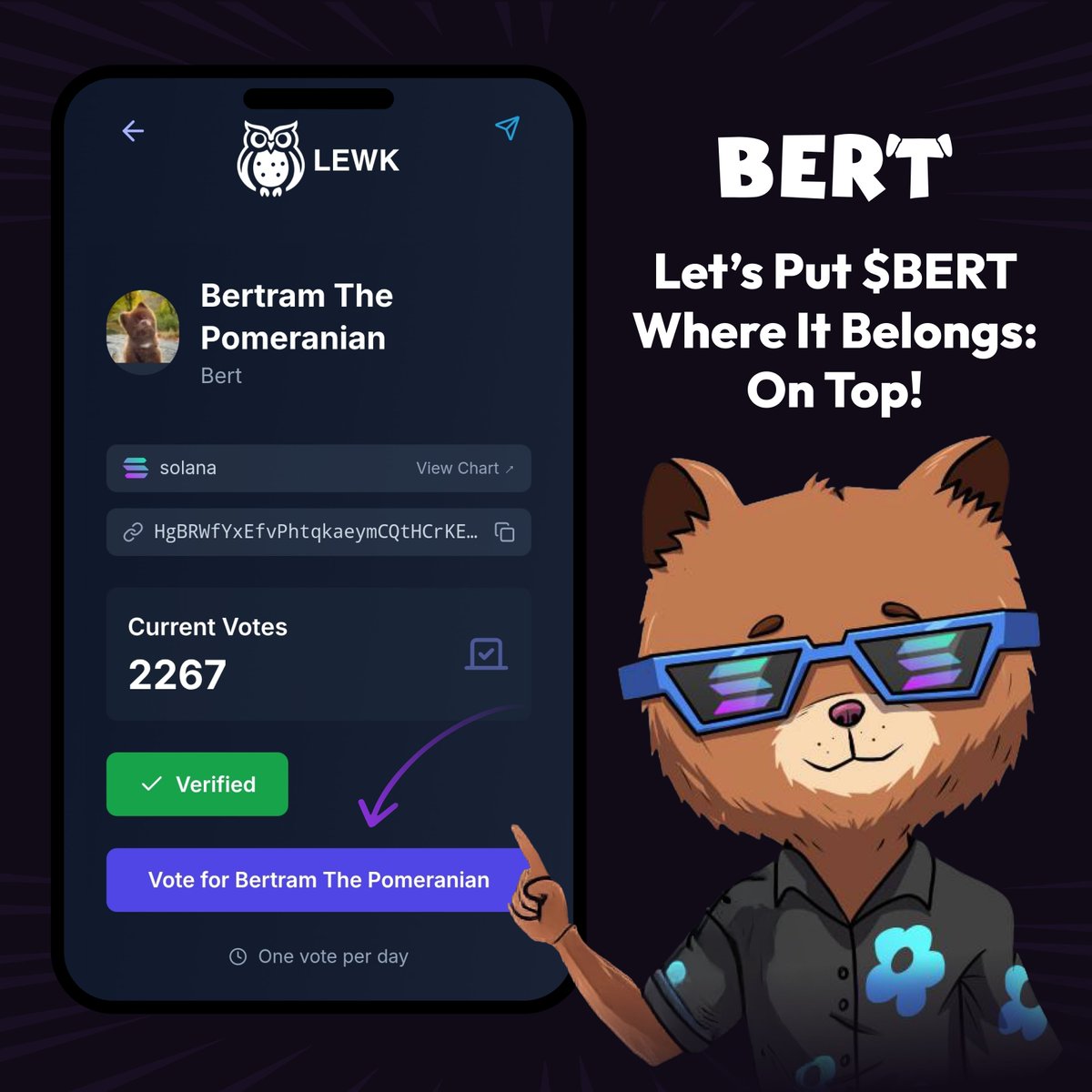 bertcoincto's tweet photo. It’s time to show the world the power of the $BERT community. 💪

Vote for Bert on @lewkcom and help us climb to the top. It’s quick, no sign-up needed, and you can vote again every 24 hours. 

Put $BERT on top, vote here:➡️ https://t.co/yd9AB7VEv0 https://t.co/dcoGdy1k5v