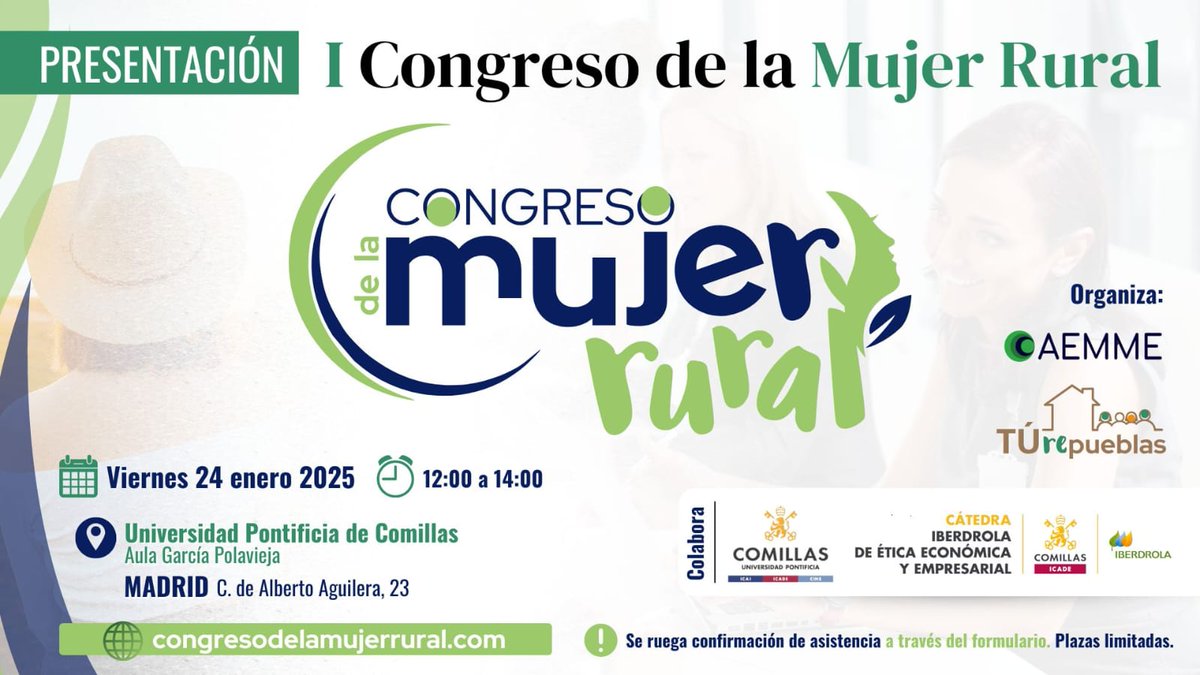 Tú Repueblas (@turepueblas) on Twitter photo 🎥✨ ¡Este viernes 24 de enero es el I Congreso de la Mujer Rural!
En la <a href="/UCOMILLAS/">Universidad Pontificia Comillas</a> , junto a <a href="/microempresas/">Asoc. Microempresas</a> y la Cátedra <a href="/iberdrola/">Iberdrola</a> , celebraremos el papel clave de la mujer rural 🌾👩🌾
📍 +120 inscritos
➡️ ¡Aún puedes sumarte!
👉 congresodelamujerrural.com
#MujerRural 🎥✨ ¡Este viernes 24 de enero es el I Congreso de la Mujer Rural!
En la <a href="/UCOMILLAS/">Universidad Pontificia Comillas</a> , junto a <a href="/microempresas/">Asoc. Microempresas</a> y la Cátedra <a href="/iberdrola/">Iberdrola</a> , celebraremos el papel clave de la mujer rural 🌾👩🌾
📍 +120 inscritos
➡️ ¡Aún puedes sumarte!
👉 congresodelamujerrural.com
#MujerRural