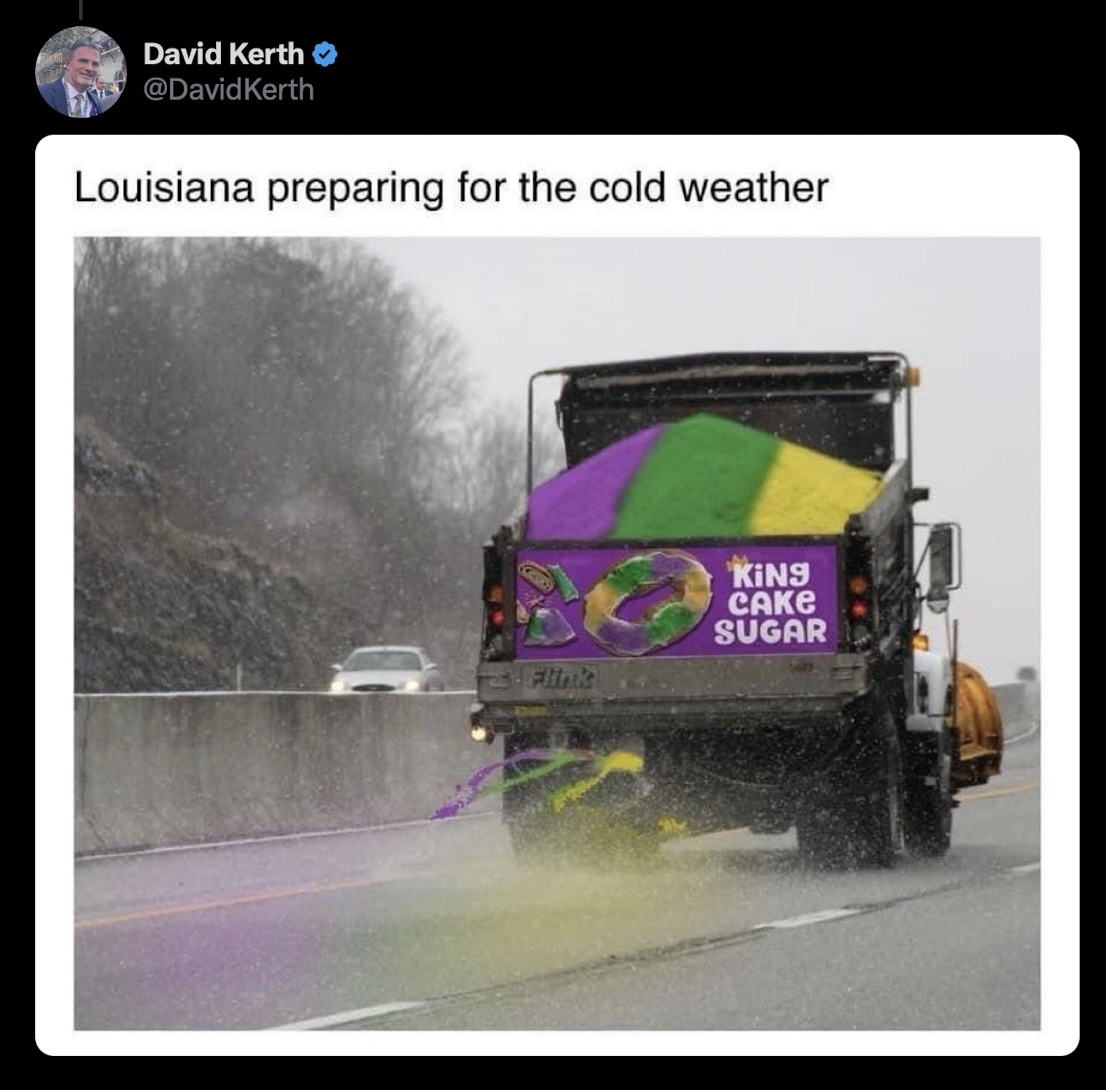 MothersNOLA's tweet photo. CLOSED TODAY due to weather. The state and city do not have the equipment necessary to clear roads and bridges, making travel unsafe for visitors and staff. Unprecedented snowfall is forecast. Stay warm! Image hat tip: @DavidKerth on X (Twitter) https://t.co/Hi9Wm4RGoa