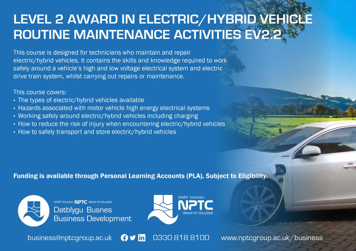 Spaces Available!

We are running a Electric Hybrid Vehicle Routine Maintenance (Level 2) #course on 05/02/2025. #funding is available, subject to eligibility.

Find out more here:  business.nptcgroup.ac.uk/courses/level-…
bit.ly/Funding-Opport…

#inspection #testing