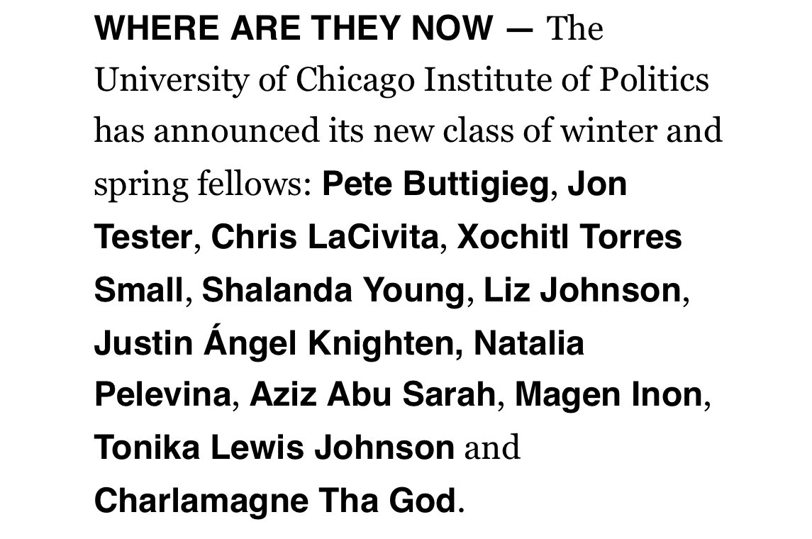 .<a href="/PeteButtigieg/">Pete Buttigieg</a> joins <a href="/UChiPolitics/">UChicago Institute of Politics (IOP)</a> as a fellow.