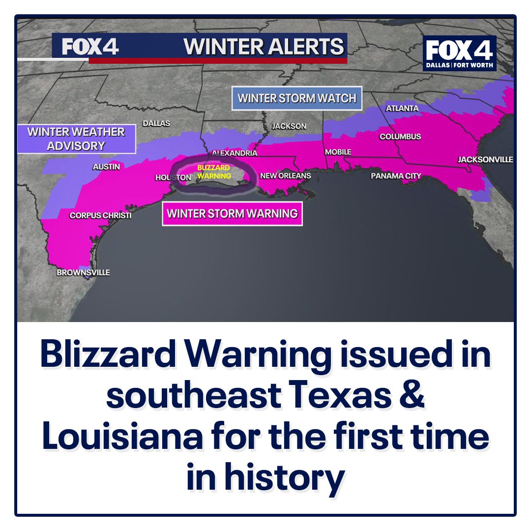 FOX4's tweet photo. There's a first for everything.... Louisiana and parts of southeast Texas—like Beaumont—are under their first-ever Blizzard Warning, issued by the National Weather Service. https://t.co/nbkmQgQ9J4