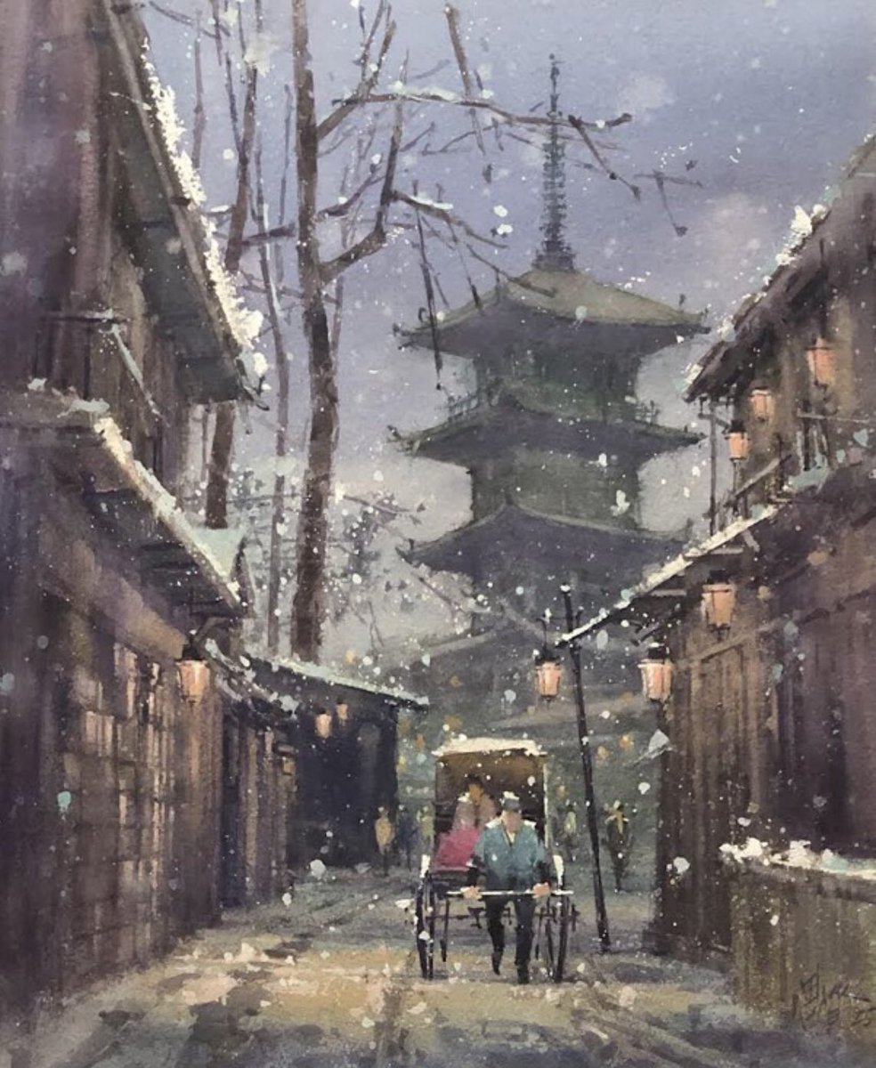 ShianSih's tweet photo. 夜遊京都
Night visit to Kyoto
39x32cm

我的第一件簽名年份為25的作品。

2024年在京都寺廟主題的作品結束，2025年也從京都寺廟開始吧!! https://t.co/mdR5zLxItR