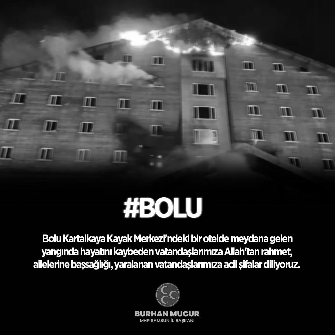 Bolu Kartalkaya Kayak Merkezi'ndeki bir otelde meydana gelen yangında hayatını kaybeden vatandaşlarımıza Allah'tan rahmet, ailelerine başsağlığı, yaralanan vatandaşlarımıza acil şifalar diliyoruz.