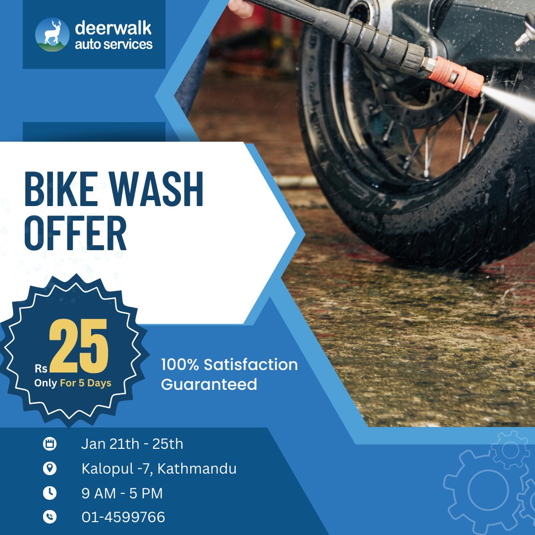 DeerwalkAuto's tweet photo. 🚨 Exclusive Offer for All Deerwalk Members! 🚨

💦 Get your bike sparkling clean for just Rs. 25! 🏍✨
📅 Offer valid for 5 days only: Jan 20th - Jan 25th

Show your Deerwalk ID and grab this amazing deal at Deerwalk Auto Service (DAS)! 🚗💨
 #BikeWash #DeerwalkAutoService #DAS https://t.co/CgNOrBc0IN