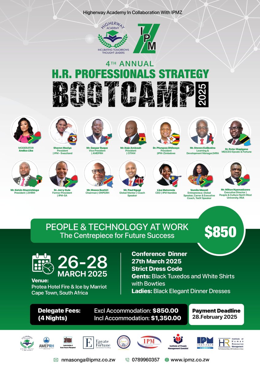With panelists and attendees from all over Africa ready to share valuable knowledge, the 4th Annual HR Professionals Strategy Bootcamp is one not to be missed! Secure your spot today.

#IPMZ #HR #Africa