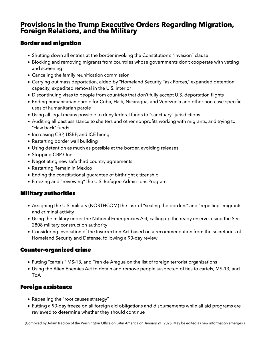 Upon reading through the new administration's executive orders, here's what I see about migration, the border, the military, and foreign aid.