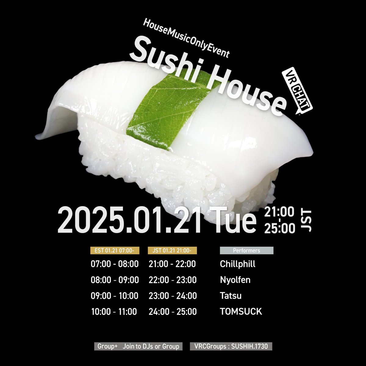 Sushi House@VRChatはじまりました。1番手Chillphillさんがゴキゲンなピアノハウスをプレイ中！今日はいい夜になりそうだ！