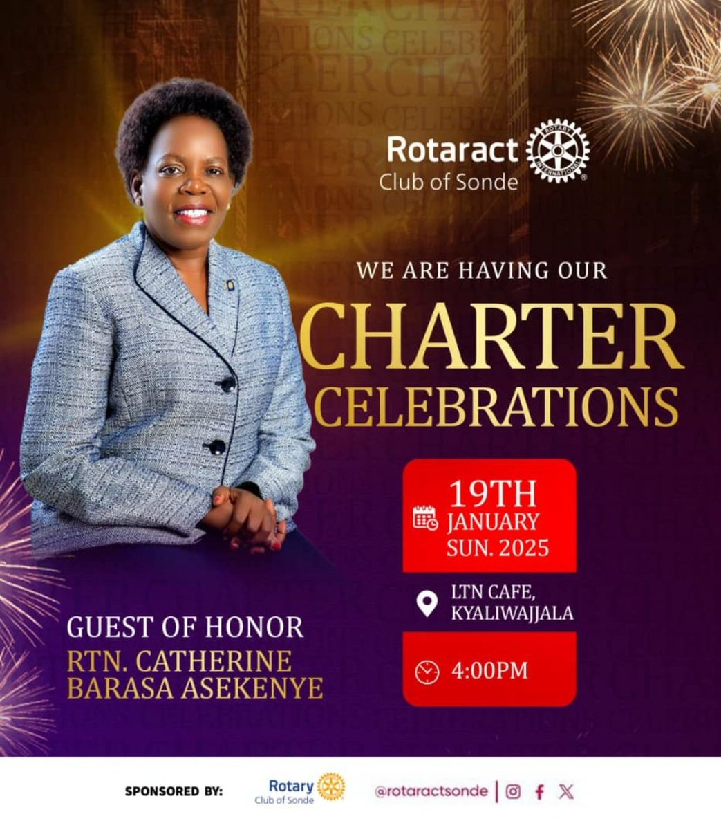 Congratulations Rac Sonde <a href="/Rotaractsonde/">Rotaract Club Of Sonde- D9213</a> 🤗 upon your charter night celebration and induction of new members.

<a href="/RotaractBugos/">Rotaract Bugolobi (Parody)</a> <a href="/RCTLuzira/">Rotaract Club of Luzira - The Wardens</a> <a href="/SondeRotary/">Rotary Club of Sonde- D9213</a> 
<a href="/RotaractD9213/">Rotaract District 9213</a>