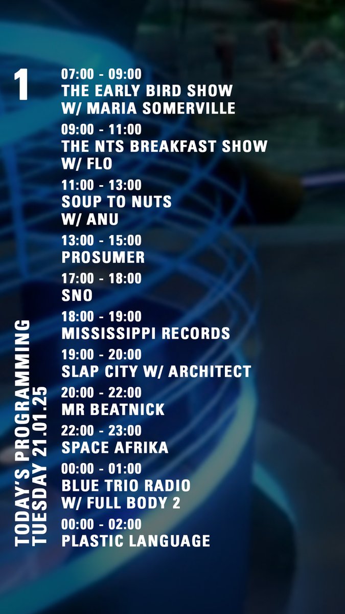 Today on nts.live/1
<a href="/noanunoparty/">anu</a> <a href="/theprosumer/">the prosumer</a> <a href="/SNO_nongi/">Nongi Oliphant</a> <a href="/architecttt__/">H</a> <a href="/MrBeatnick/">Mr B</a>