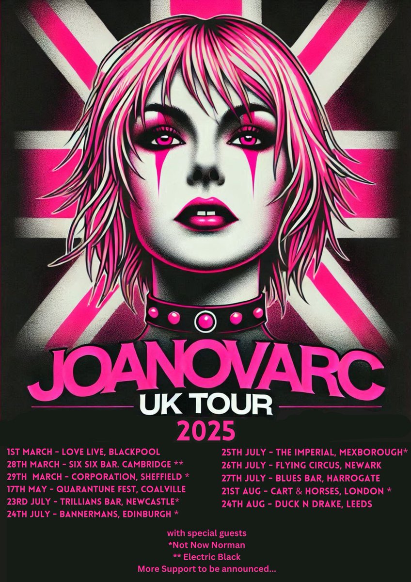 MISS ME??? On tour with <a href="/Joanovarc/">JOANovARC</a> this year! Get your tickets now!! 

Special guest <a href="/ElectricBlack3/">Electric Black</a> and <a href="/now_norman/">Not Now Norman 🧟‍♀️🐓😈❤️ WHO I AM - NEW SINGLE</a> 

Tickets available at these links
skiddle.com/artists/joanov…

<a href="/BannermansBar/">Gigs</a> Tickets
tickets-scotland.com//events.html?e…

#livemusic #mistressofgroove #supportlivemusic