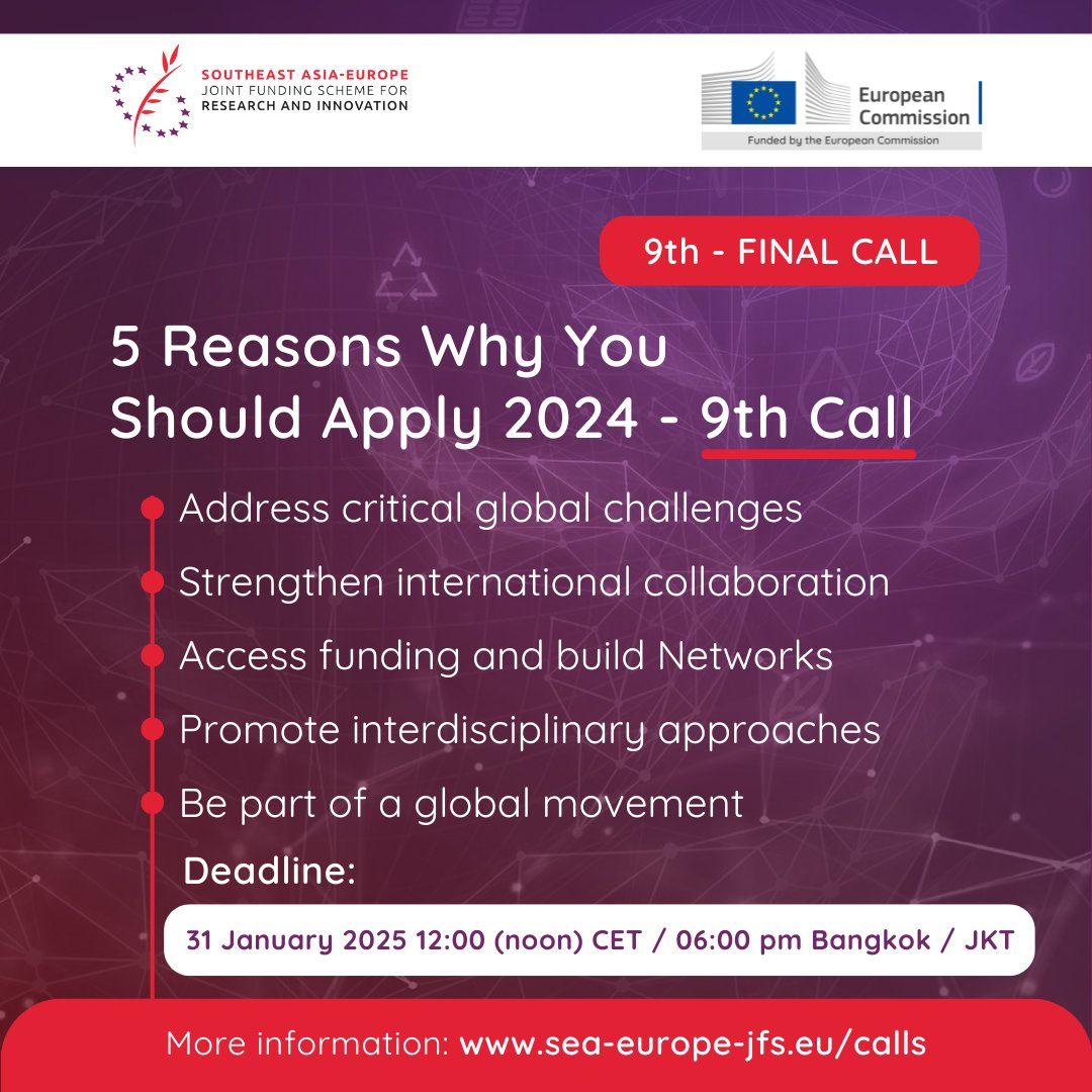 🌏 Apply to the 2024 JFS Call for Proposals! 🌱✨
Tackle global challenges like:
🌊 Wastewater reuse
🌿 Biomass farms
🌱 Soil remediation
🤝 Build EU-SEA partnerships
💼 Get funding &amp; expert support
🌍 Drive sustainability goals

🔗 Apply now: sea-europe-jfs.eu/calls