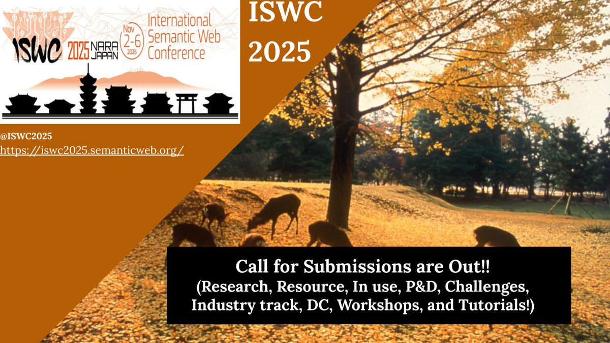 🌟 Call for Submissions for ISWC 2025!! 🌟
We are thrilled to announce that ISWC 2025 is now accepting submissions! Get all the details you need on the conference website: 👉iswc2025.semanticweb.org
Don’t miss this opportunity! We would like to see you in Japan! #ISWC #AI #Japan