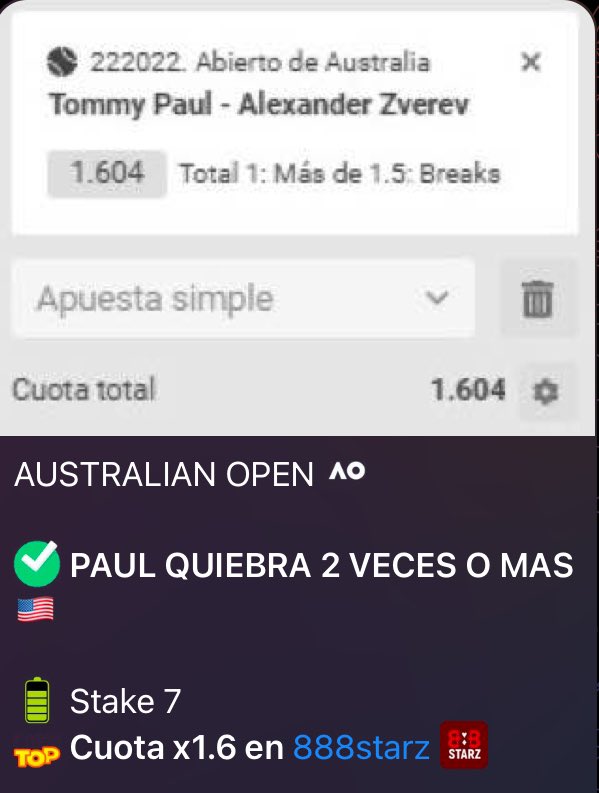 TenisLATAM_'s tweet image. QUE PASO HOY? Masterclass en el canal de Telegram, plenazo 5/5 incluyendo Stake 7 y Stake 6 ✅✅✅

Etapa final de este #AusOpen y estamos ganando como loco. Que esperas para unirte papa 🏆🔥
