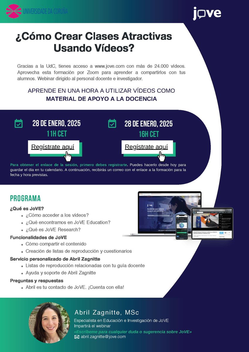JoVE &amp; UdC: ¿cómo crear clases atractivas usando "vídeos?"  Seminario en liña sobre JoVE dirixido ao profesorado. 

🕰️O 28 de xaneiro en dúas quendas, de mañá e tarde:

Quenda de mañá (11:00 1h): us06web.zoom.us/meeting/regist…

Quenda de tarde (16:00 h): us06web.zoom.us/meeting/regist…